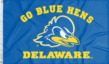 Load image into Gallery viewer, Blue 3x5 foot wide University of Delaware Flag with go blue hens delaware logos and two metal grommets
