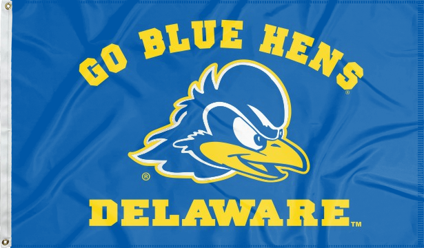 Blue 3x5 foot wide University of Delaware Flag with go blue hens delaware logos and two metal grommets