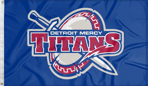 Blue 3x5 foot University of Detroit Mercy Flag with Titans sword and shield logos and two metal grommets