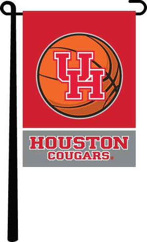 Red white and grey University of Houston Cougars Basketball Garden Flag hanging on black garden flag stand