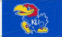 Load image into Gallery viewer, Blue 3x5 foot wide University of Kansas Flag with Jayhawks logo and two metal grommets
