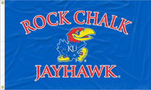 Load image into Gallery viewer, University of Kansas Rock Chalk Jayhawk Flag with two metal grommets
