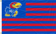 Load image into Gallery viewer, 3 by 5 foot wide University of Kansas Flag with seven blue stripes six red stripes and two metal grommets
