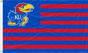 3 by 5 foot wide University of Kansas Flag with seven blue stripes six red stripes and two metal grommets