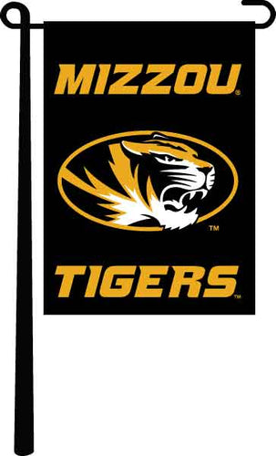 Black 13x18 University of Missouri Garden Flag hanging on black garden flag stand