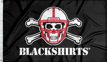 Load image into Gallery viewer, Black 3x5 University of Nebraska Flag with New Nebraska Blackshirts Logo and two metal grommets
