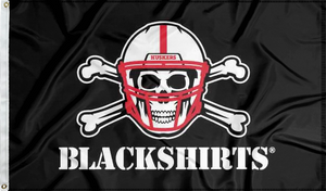 Black 3x5 University of Nebraska Flag with New Nebraska Blackshirts Logo and two metal grommets