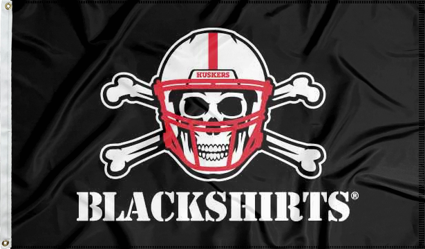 Black 3x5 University of Nebraska Flag with New Nebraska Blackshirts Logo and two metal grommets