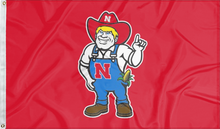 Load image into Gallery viewer, Red 3x5 foot wide University of Nebraska Flag with Herbie Husker Logo and Two Metal Grommets
