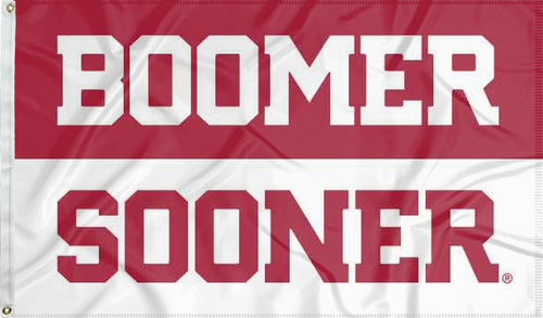 Red and White 2 Panel 3x5 University of Oklahoma Flag with Boomer Sooner Logo and two metal grommets