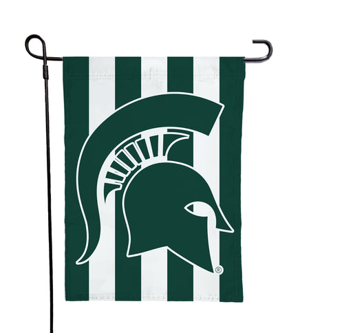 13x18 Michigan State Garden Flag with Spartan Logo and Candy Striped Green and White Background