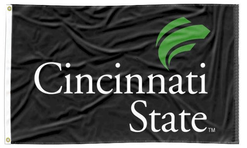 Black 3x5 foot wide Cincinnati State Technical and Community College Flag with Two Metal Grommets